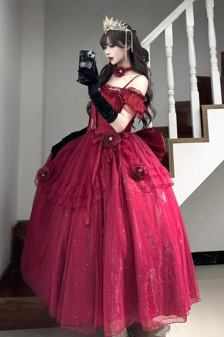 Red [Bright Stars] Off Shoulder Ruffle Bowknot Asymmetric Sweet Elegant Princess Lolita Dress - Product - 4