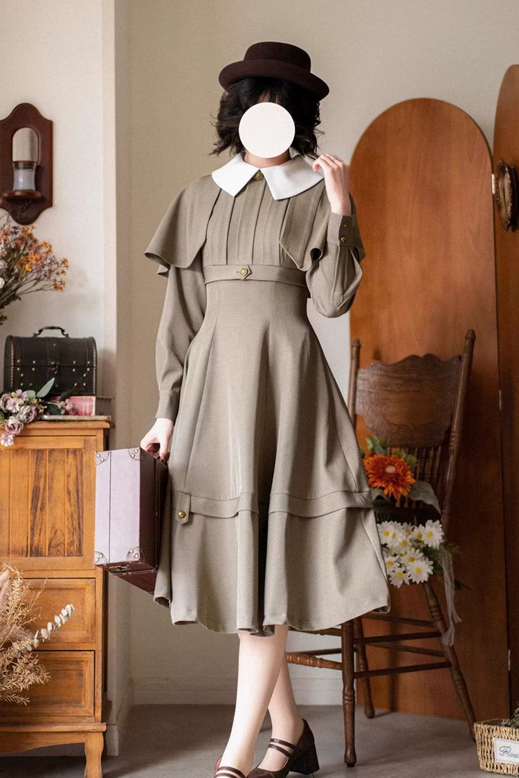 Khaki [Forest Antique Trunk] Lapel Collar Long Sleeves Classic Vintage Elegant Lolita Dress - Product - 3
