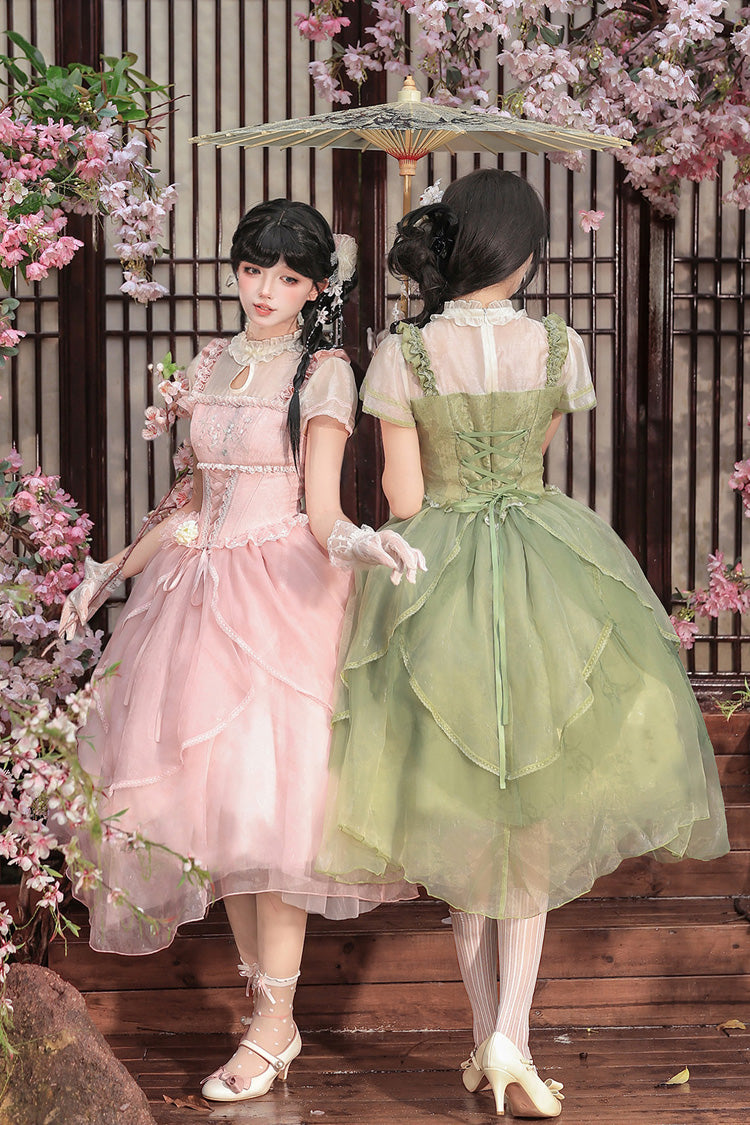 [Fragrance] Stand Collar Short Sleeves Multi-Layered Printed Ruffled Bow Lace Irregular Chinese Style Sweet Lolita Dress 2 Colors (Green, Pink) - Product - 17