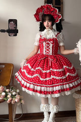 Red Polka Dots Print Ruffle Bowknot Lace-Up Sweet Lolita Dress - Product - 7