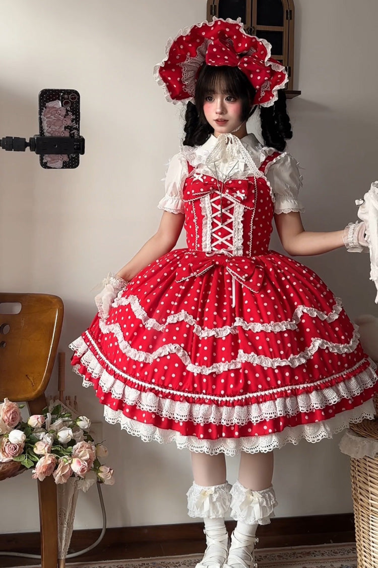 【Polka Dots】レッド スイートロリータワンピース｜フリル、リボン、レースアップ、プリント – 記載アイテムのみ 商品画像