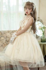 Beige Ruffled Strap Bow Sleeveless Sweet Lolita JSK Dress - Product - 3