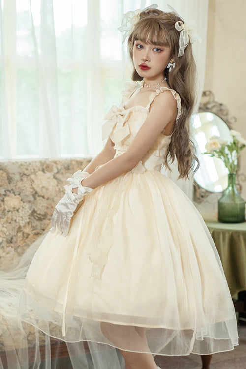 Beige Ruffled Strap Bow Sleeveless Sweet Lolita JSK Dress - Product - 3