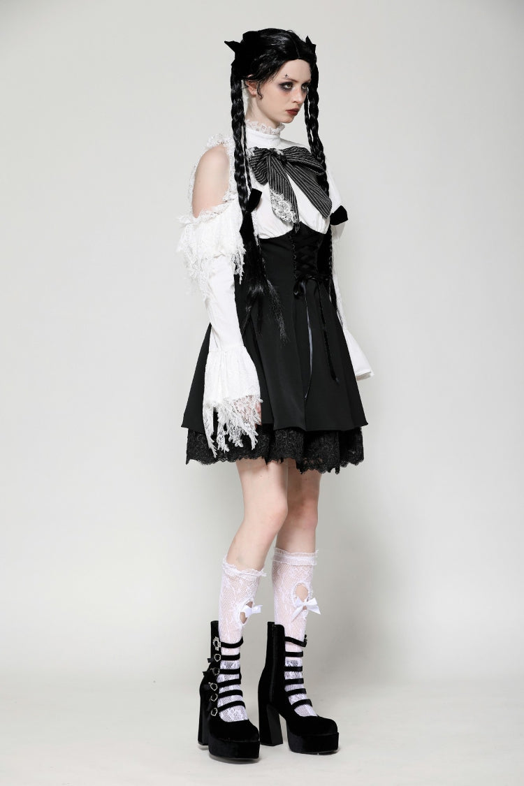 Black/White Lace High Collar Asymmetric Long Trumpet Puff Sleeves Bowknot Women's Lolita Gothic Short Dress - Product - 2