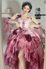 Plum Red [Swan Wonderland] Embroidery Bowknot Lace-Up Short Front Long Back Irregular Sweet Ballet Lolita Jsk Dress - Product - 4