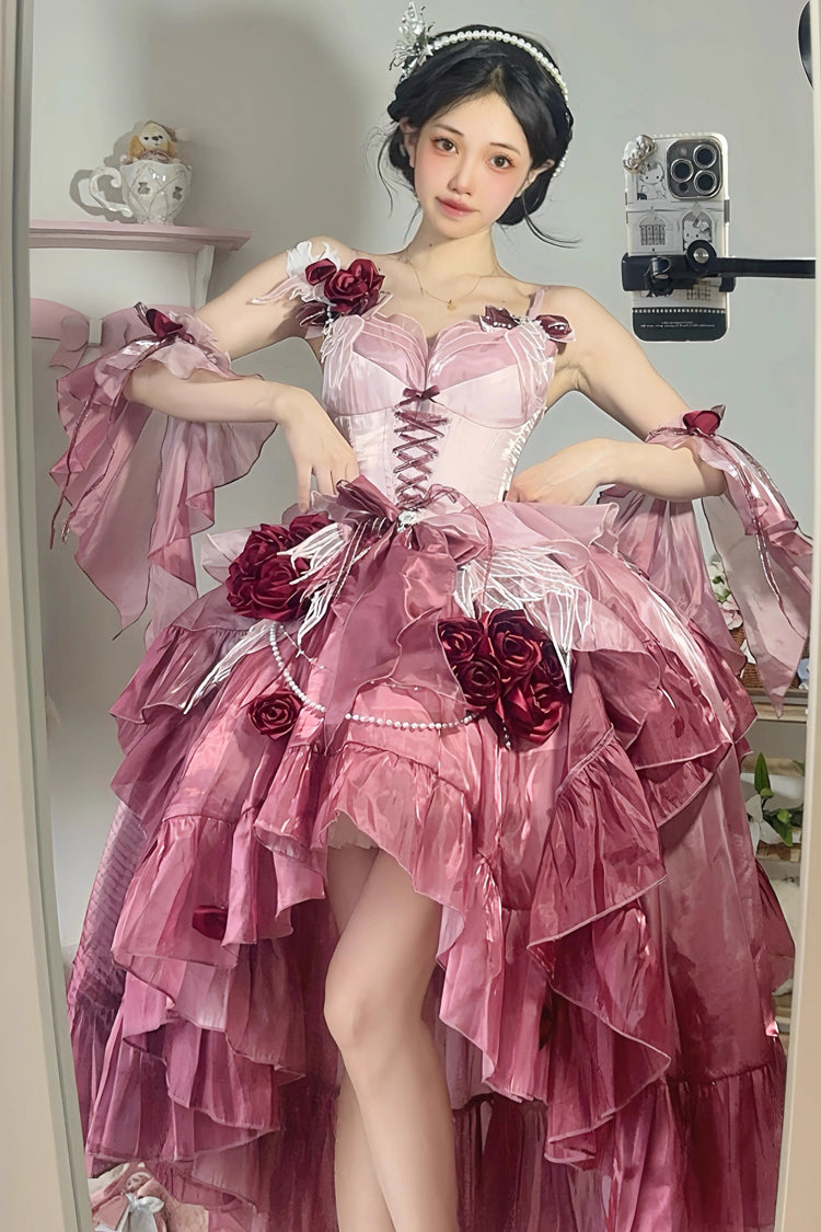 Plum Red [Swan Wonderland] Embroidery Bowknot Lace-Up Short Front Long Back Irregular Sweet Ballet Lolita Jsk Dress - Product - 4
