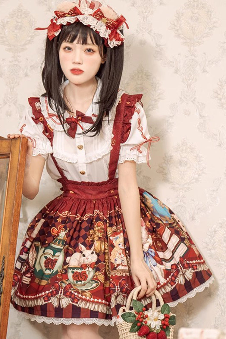 Red [Rabbit and Bear Feast] Print Ruffle Bowknot Sweet Lolita Skirt - Product - 2