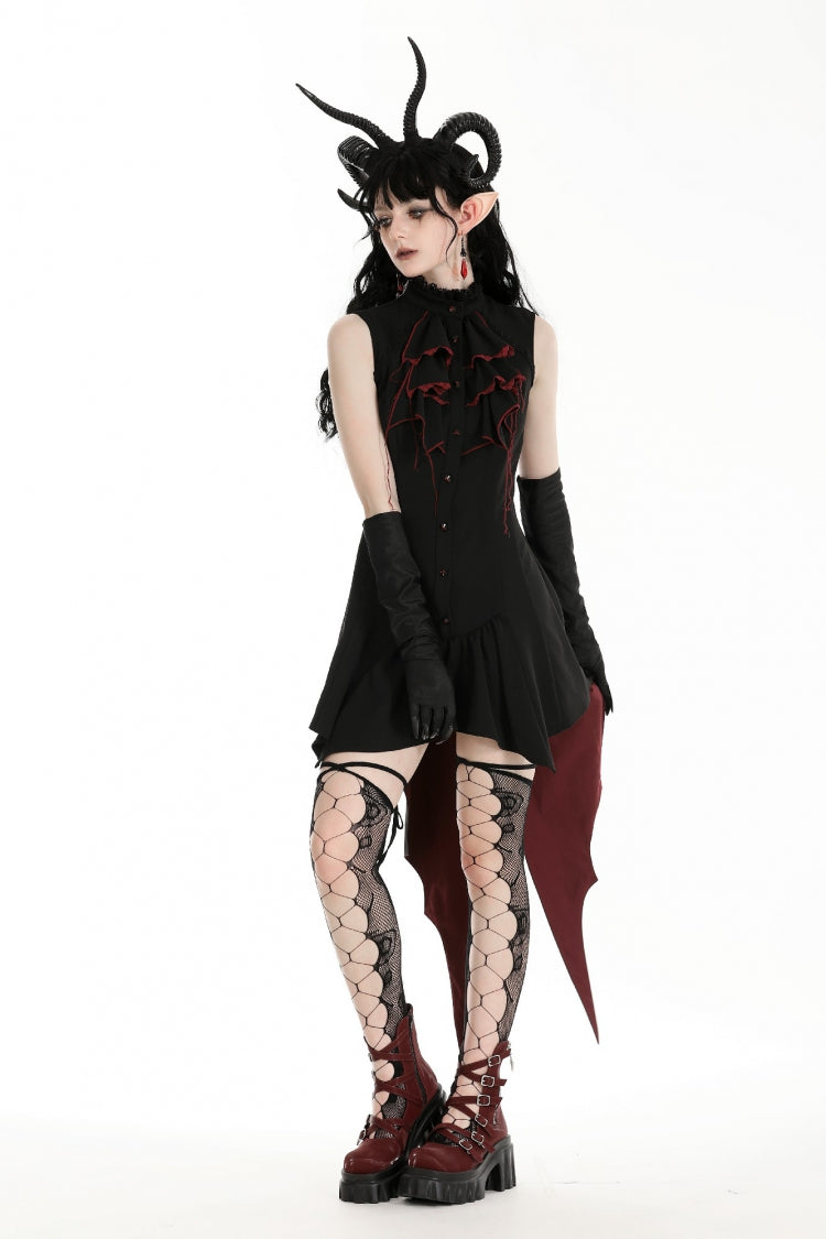 Black/Red Contrast Color Women's Gothic Ruffled Stand Collar Jabot Sleeveless Halloween Tail Dress - Product - 11