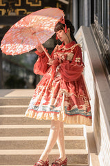 Wine Lapel Collar Wave Print Bowknot Lace Long Sleeves Multi-Layer Ruffled Sweet Lolita OP Dress - Product - 3