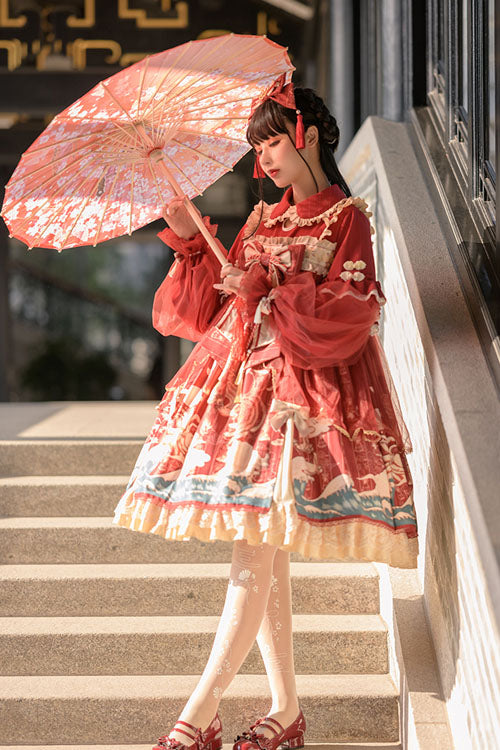Wine Lapel Collar Wave Print Bowknot Lace Long Sleeves Multi-Layer Ruffled Sweet Lolita OP Dress - Product - 3