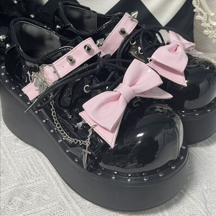 Spider Single-Strap Buckle Bow Round-Toe Punk Gothic Platform Shoes - Glossy-Black/Pink - 1