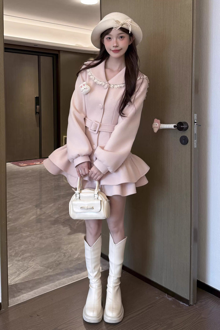 Pink [Berry Champagne] Doll Collar Long Sleeves Double-Layered Ruffled Sweet Princess Lolita Wool-blend Coat - Product - 4