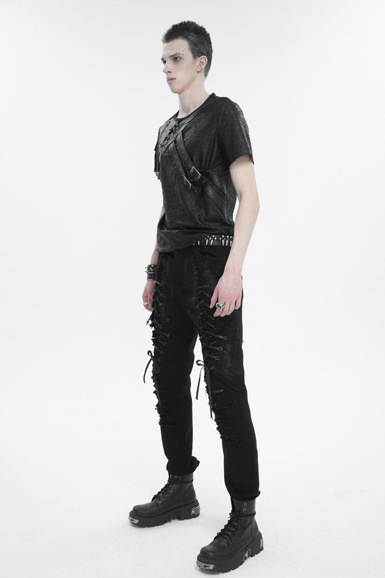 Black Vintage Print Buckle Splice Faux Leather Men's Punk T-Shirt - Product - 4
