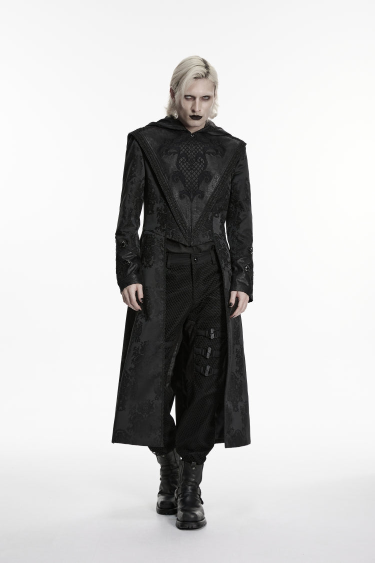 Black Long Sleeves Jacquard Embroidered Spliced Lace Hooded Color-Blocked Men's Punk Cool Coat - Black - 1
