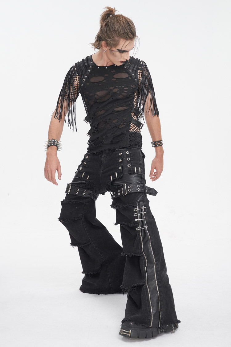 Black Faux Leather Splice Men's Punk Flared Pants - Product - 6
