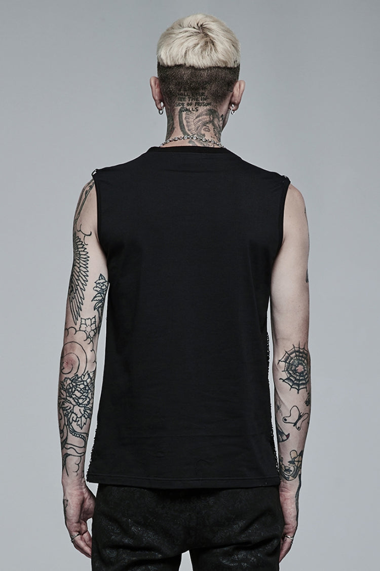 Black Sleeveless Stitching Mesh Buckle Men's Steampunk Vest - Product - 3