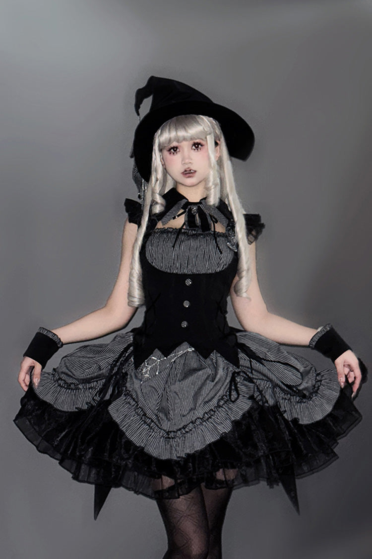 Grey [Potions] Sleeveless Triple-Layered Ruffle Bowknot Lace Gothic Lolita Dress 2 Colors - Product - 2