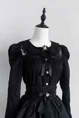 Jirai Kei Doll Collar Long Sleeves Triple-Layered Ruffled Bow Lace Japanese Skirt Blouse Set 2 Colors - Black-Blouse(Only) - 14