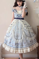 Blue [Swing Cat] Print Ruffle Bowknot Lace Sweet Elegant Lolita Jsk Dress - Product - 8