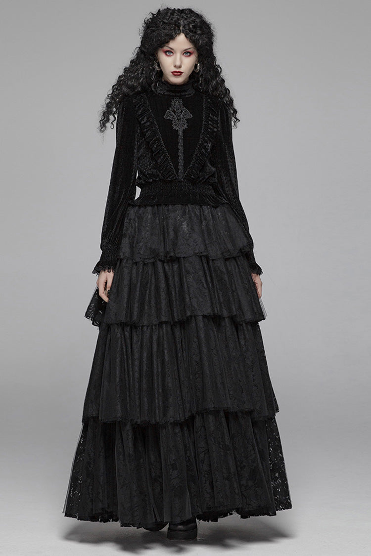 Black Stand Collar Long Sleeves Embroidery Floral Lace Women's Gothic Tops - Product - 4