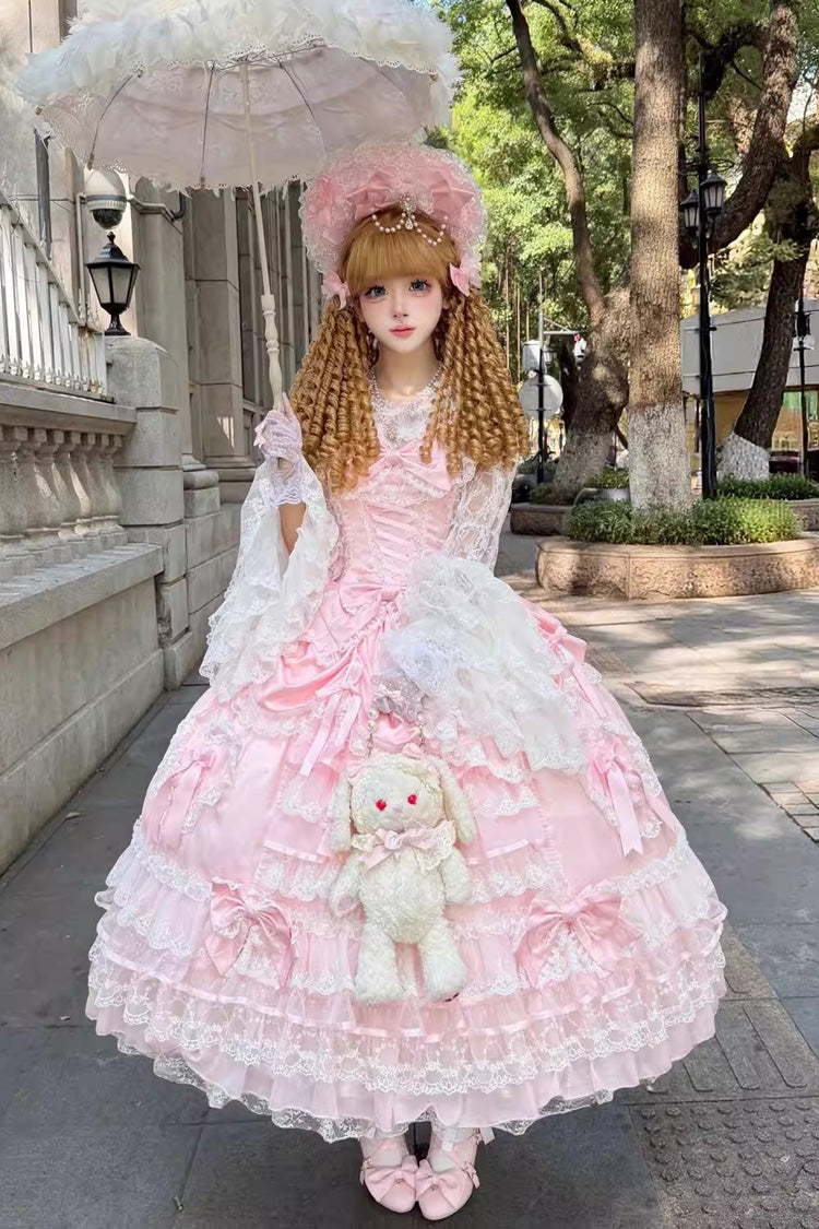 Pink [Ode of the Curtain] Multi-Layered Ruffled Hanayome Open-Front Bow Lace Lace-Up Sweet Long Lolita Jsk Dress - Pink - 1