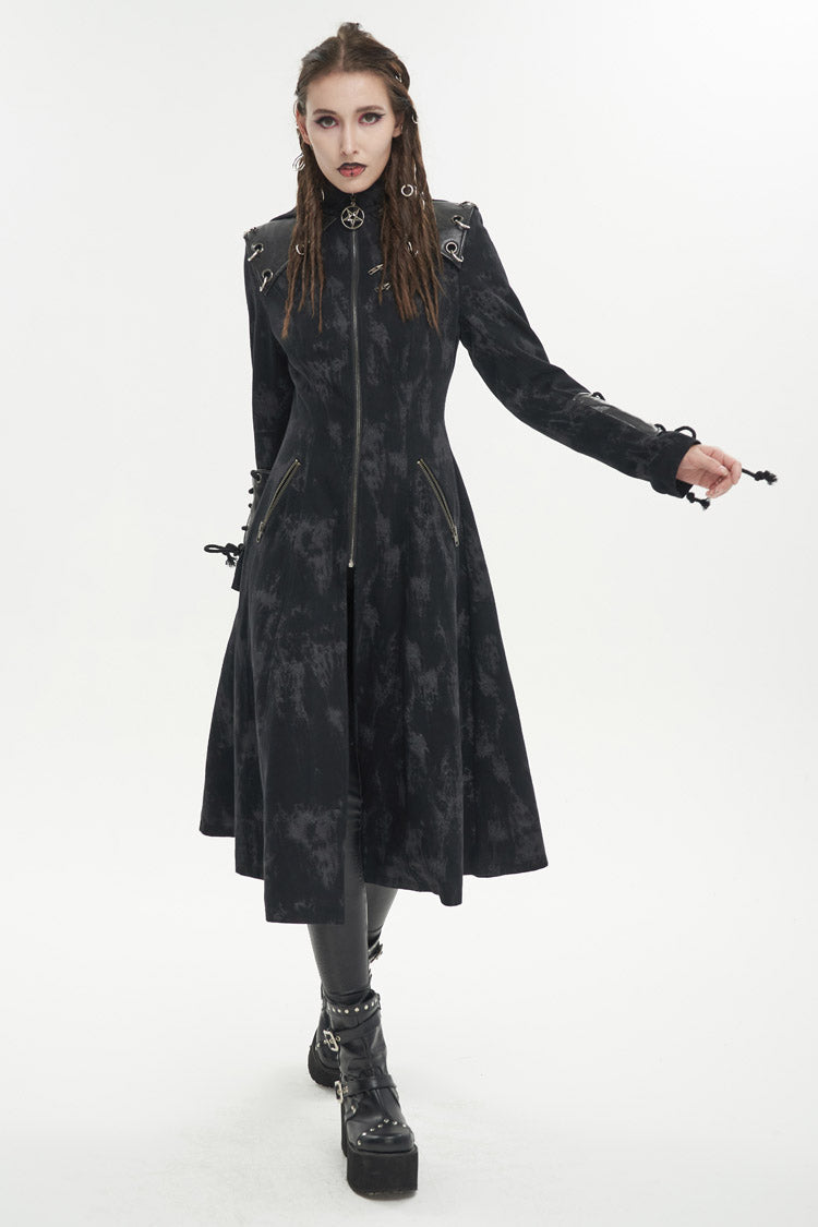 Black Faux Leather Splice With Hood Irregular Pattern Print Long Women's Punk Coat - Product - 2