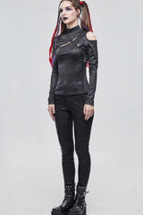 Black Punk Stretch Knitted Fabric Chest Cutout Design Buckle Strap Decoration Long Sleeve Women's Shirt - Product - 6