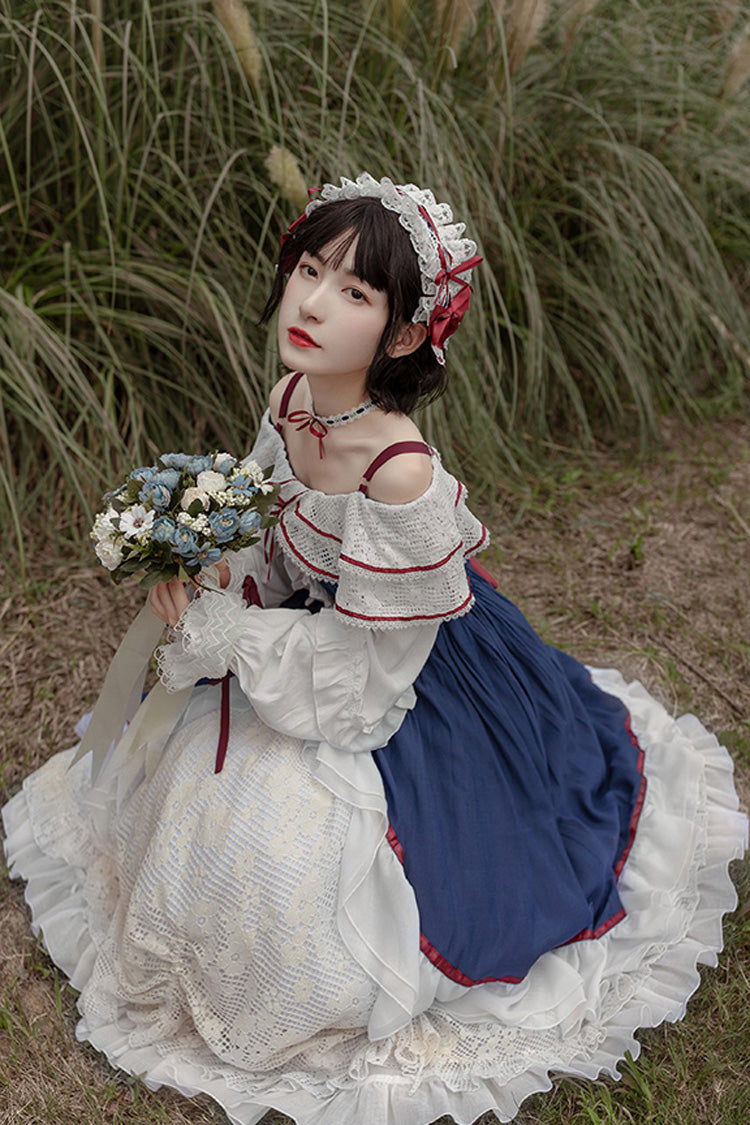Blue/White Long Sleeves Cardigan Bowknot Sweet Lolita Dress - Product - 5