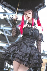 Dark Black Tube Top Sleeveless Blowknot Ruffled Gothic Lolita Tiered Dress - Product - 8