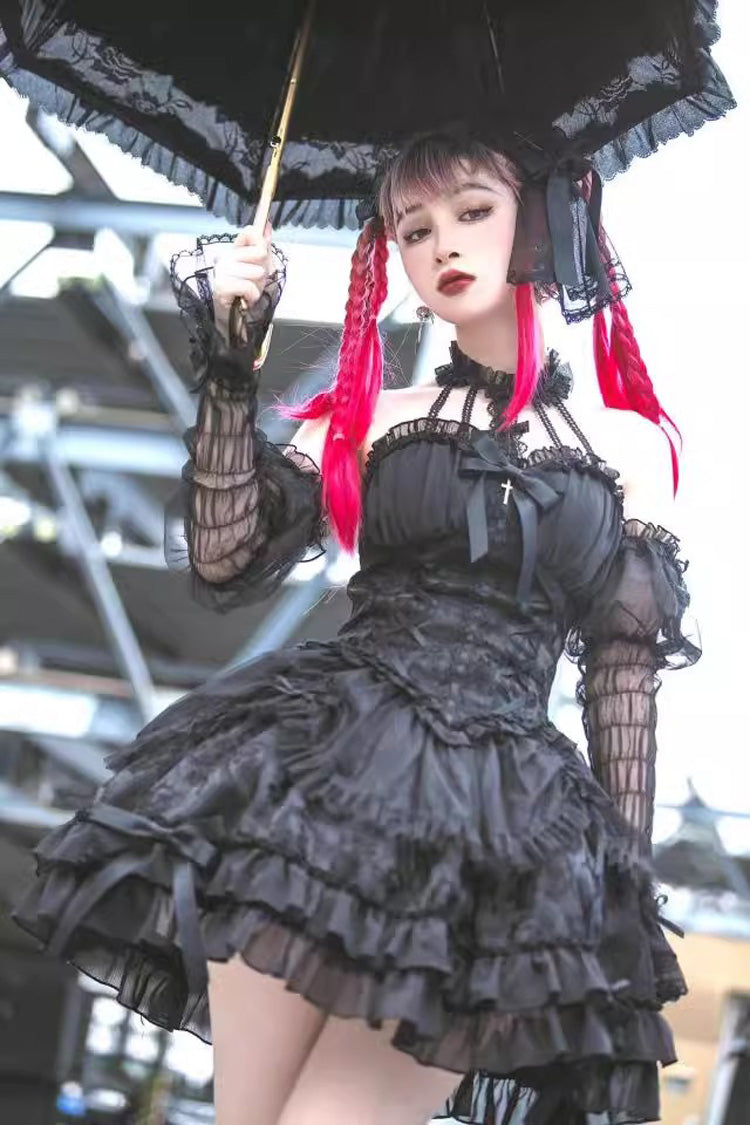 Dark Black Tube Top Sleeveless Blowknot Ruffled Gothic Lolita Tiered Dress - Product - 8