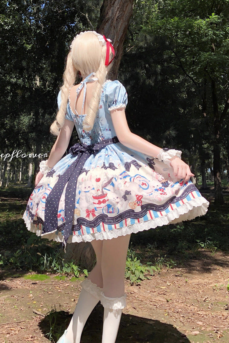 ブルー [Mystery Rabbit Tea Party] スクエアカラー 半袖 プリント フリル リボン レース スウィートロリータ ワンピース 商品画像