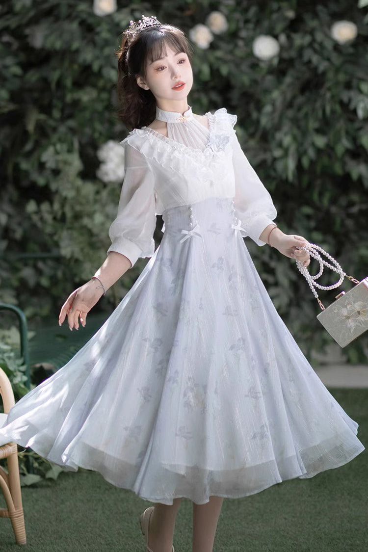 White/Blue Lace V Collar Half Sleeves High Waisted Sweet Lolita OP Dress - Product - 2