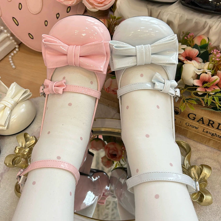 Round Toe Bow Mid Heel Lolita Mary Jane Shoes with Cat Paw Heels 7 Colors - Pink/Blue - 8
