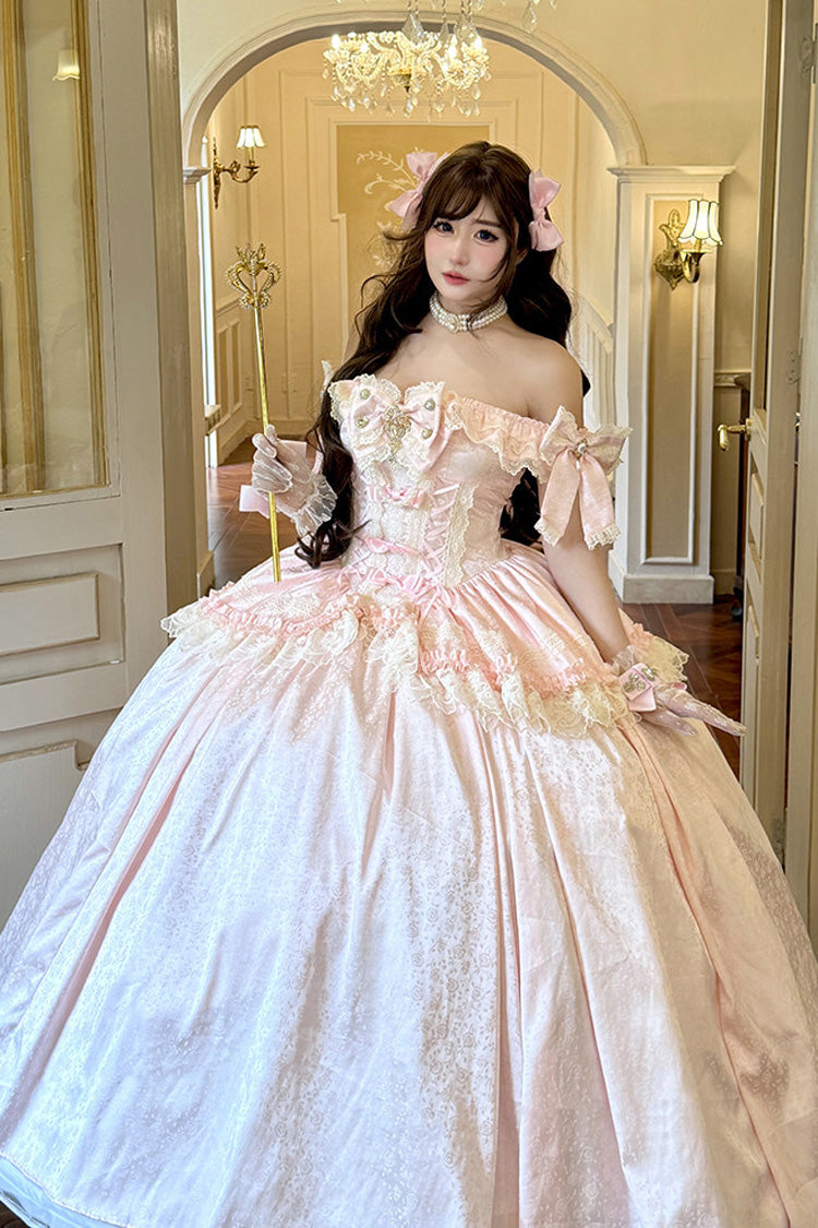 Pink [White Moonlight Lover] Romantic Commemorative Ceremony Sleeveless Ruffled Bow Lace Lace-Up Sweet Elegant Lolita Strapless Dress - Pink - 1