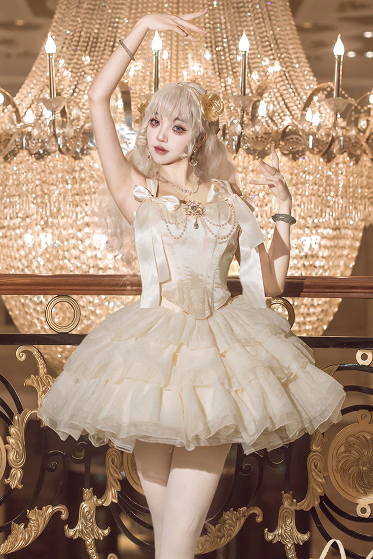 Champagne [Cream Polka Dots] Sleeveless Jacquard Bowknot Slim Sweet Ballet Lolita Skirt Dress - Product - 6
