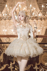 Champagne [Cream Polka Dots] Sleeveless Jacquard Bowknot Slim Sweet Ballet Lolita Skirt Dress - Product - 6