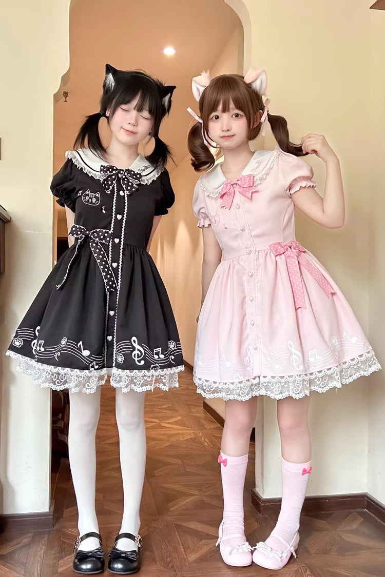 Black [Melody Kitty] Doll Collar Short Sleeves Ruffled Embroidered Bow Lace Sweet Lolita Dress - Product - 8