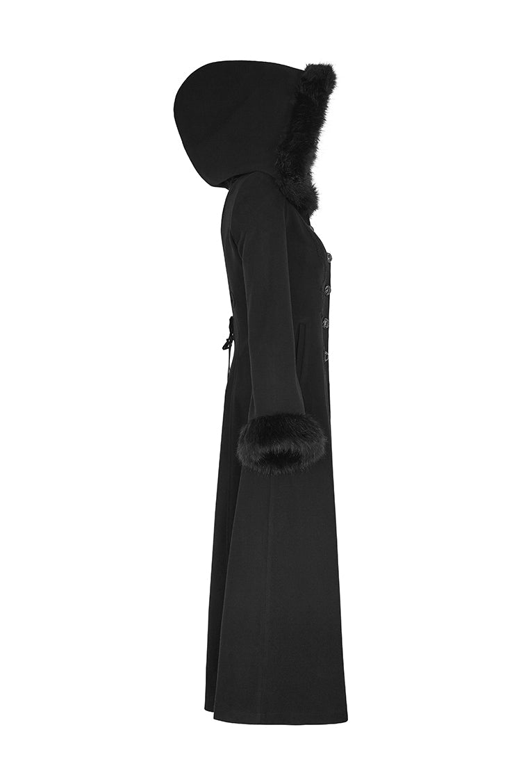 Black Hooded Print Womens Single-Breasted Long Maxi Gothic Coat - Product - 6