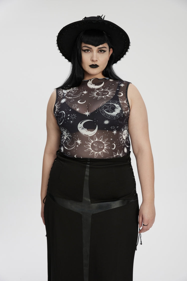 Black Sleeveless Printed Mesh Eyelet Women's Gothic Top - Black - 5