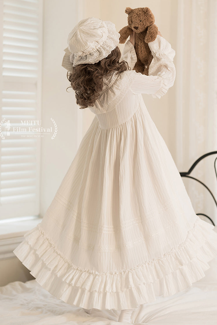 White [Good Night] Long Sleeves Double-Layered Ruffle Bowknot Lace-Up Holy Sweet Lolita Dress - Product - 4