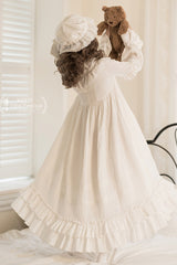 White [Good Night] Long Sleeves Double-Layered Ruffle Bowknot Lace-Up Holy Sweet Lolita Dress - Product - 4