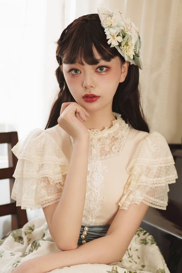 Detachable Pad Short Sleeves Hollow Lace Sweet Lolita Blouse 3 Colors - Product - 7