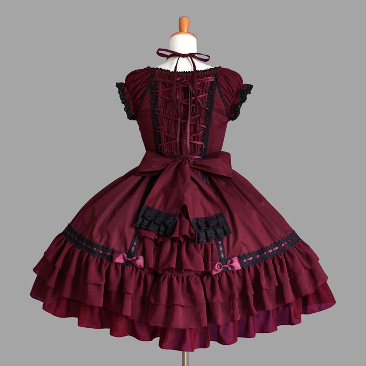 Wine Lace Ruffled Bowknot Sleeveless Gothic Lolita Dress - Product - 2