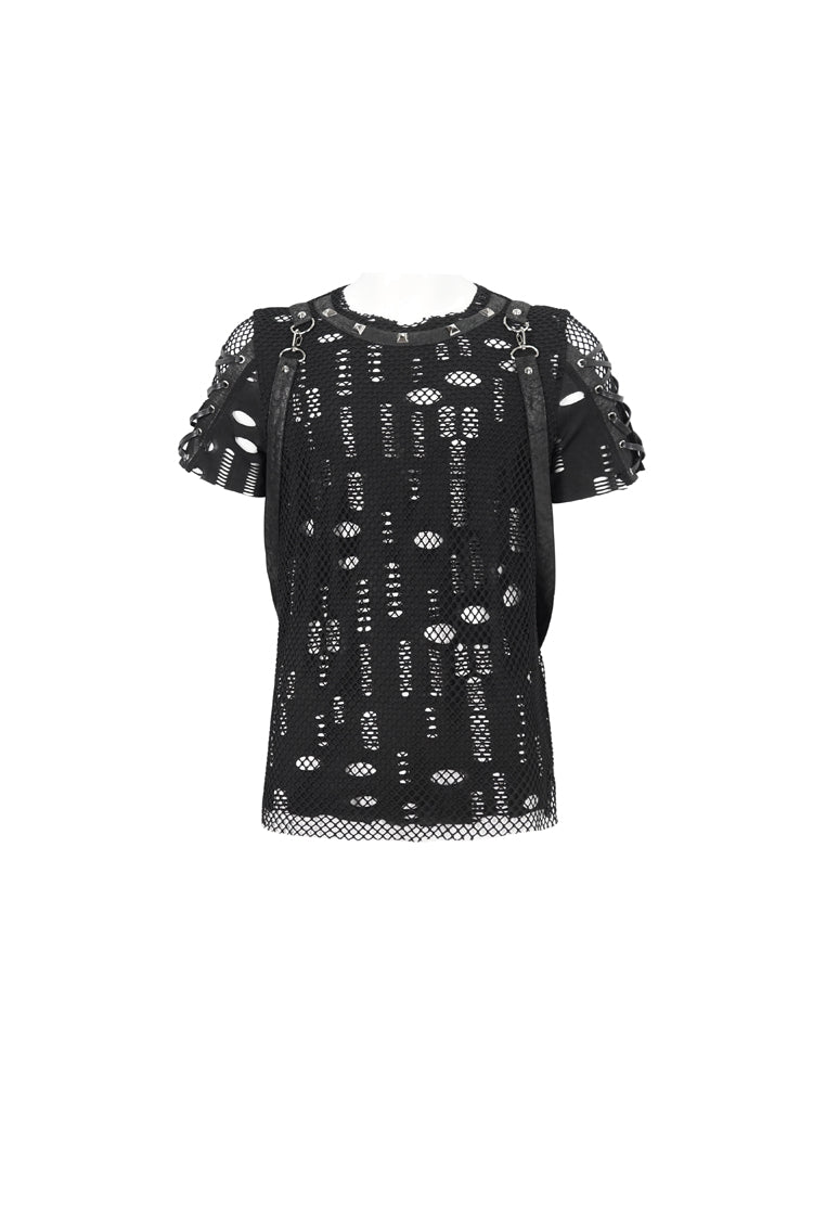 Black Half Hollow Shoulder Tie Design Men's Punk T-Shirt - Product - 6