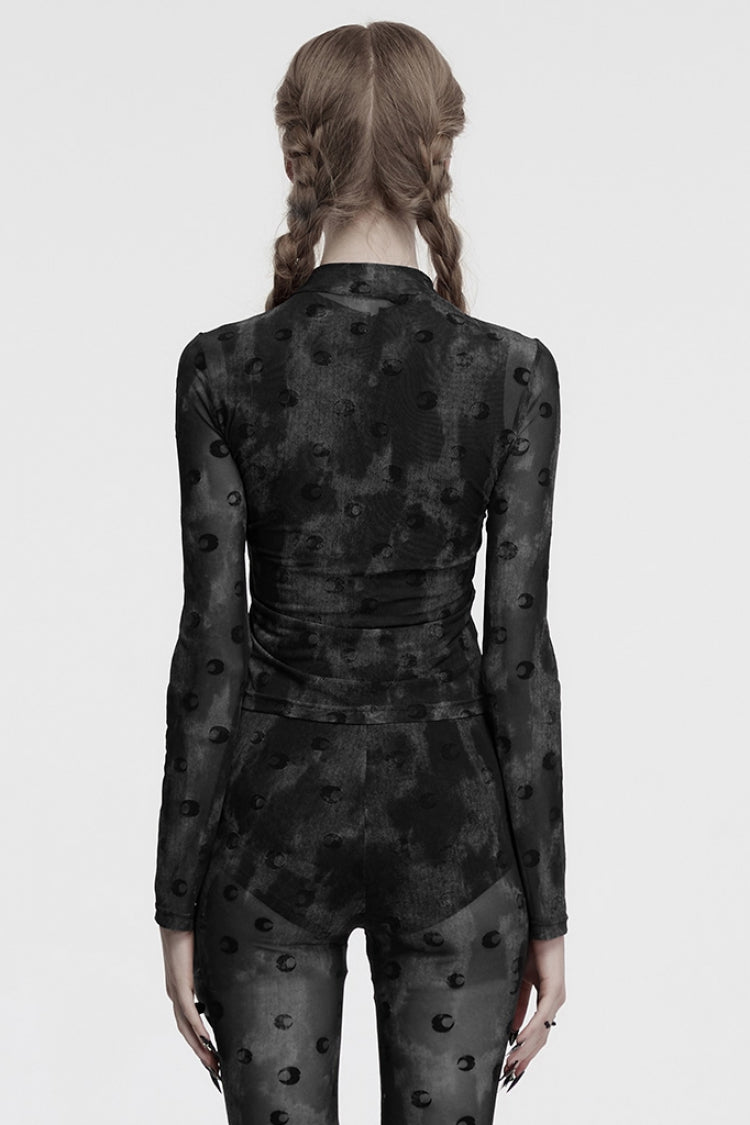 Grey Moon Print Mesh Ruched Women's Gothic Blouse - Product - 3