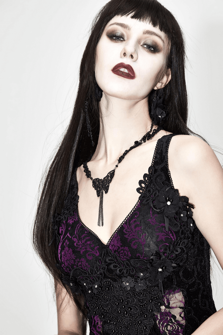 Black And Purple Sexy Gothic Lace Dress / Long Dress With Decorative Roses and Lacing - image 10