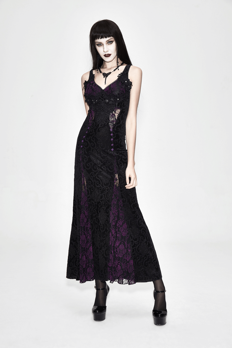 Black And Purple Sexy Gothic Lace Dress / Long Dress With Decorative Roses and Lacing - image 13