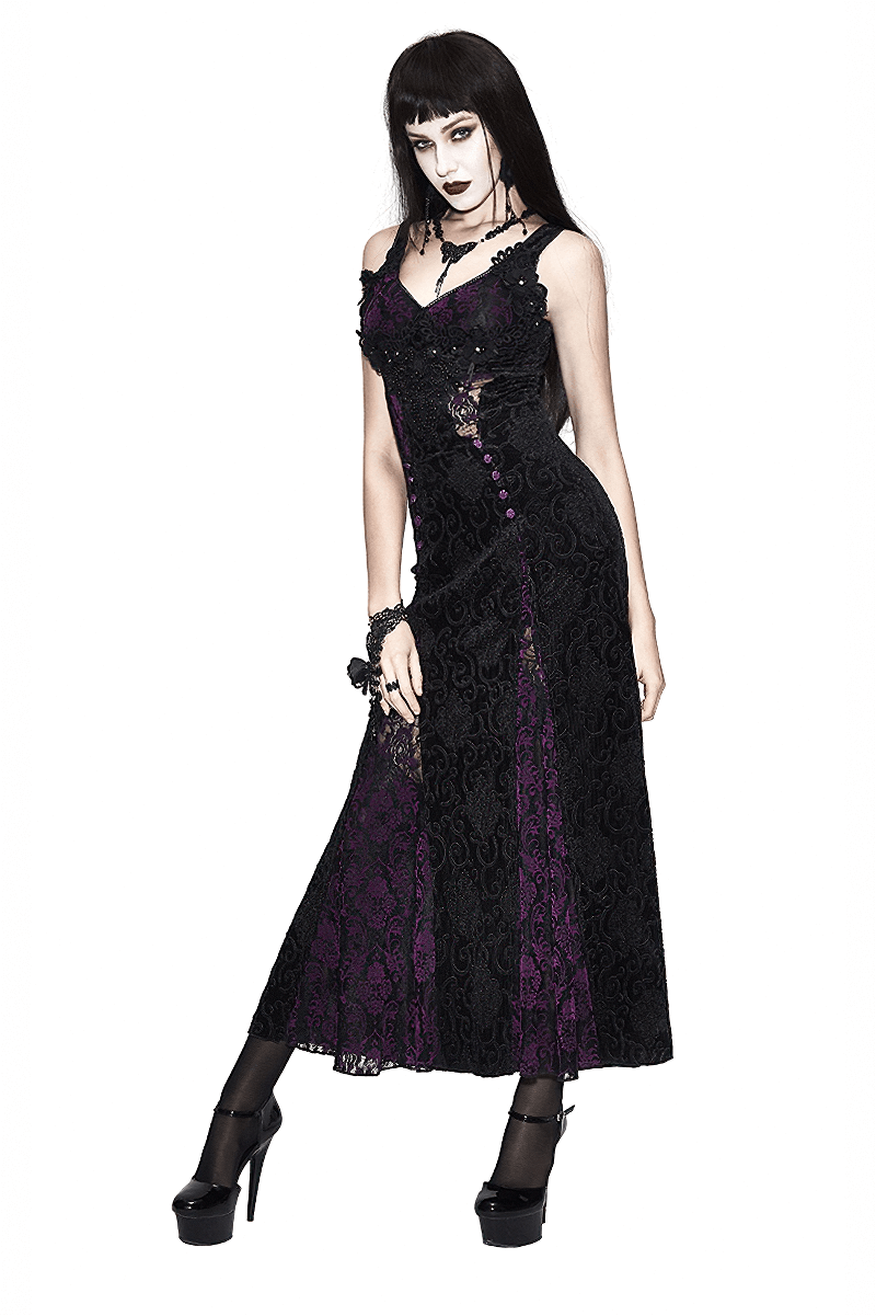 Black And Purple Sexy Gothic Lace Dress / Long Dress With Decorative Roses and Lacing - image 1
