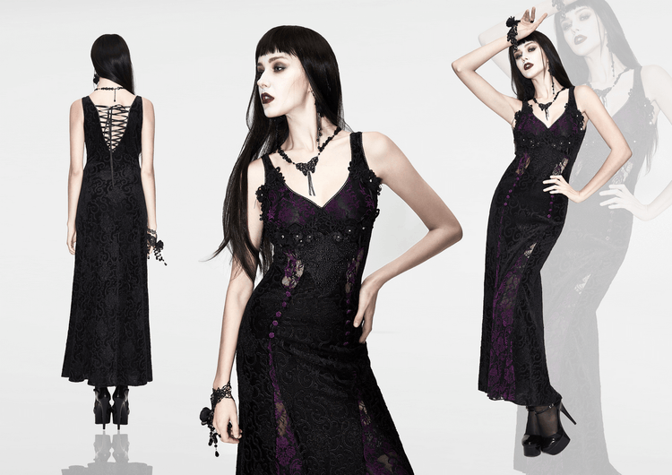 Black And Purple Sexy Gothic Lace Dress / Long Dress With Decorative Roses and Lacing - image 16