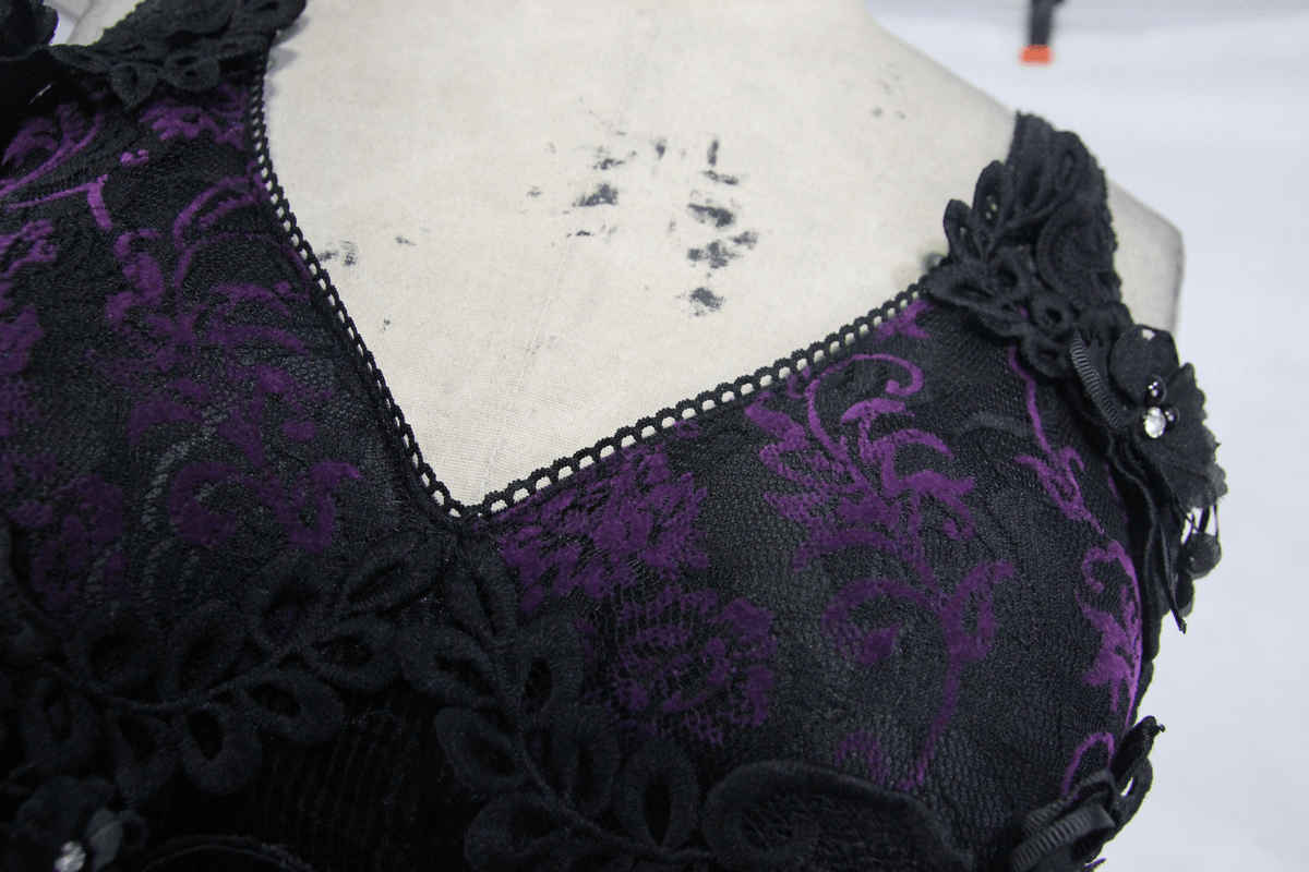 Black And Purple Sexy Gothic Lace Dress / Long Dress With Decorative Roses and Lacing - image 8